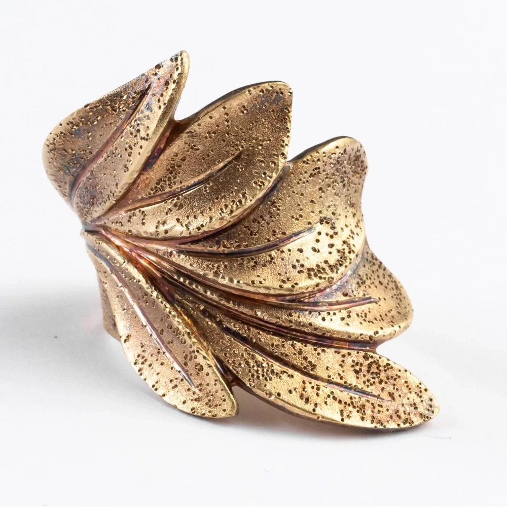 18K yellow gold over sterling silver textured leaf wrap ring 10